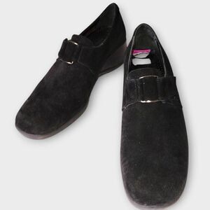 Aquatalia Womens Shoes Sz 8.5‎ Black Suede Strapped Casual Wedge Clogs Loafers